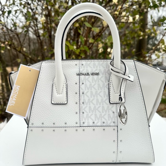Michael Kors Small Avril With Studs Leather TZ Satchel Optic White Crossbody - Picture 1 of 13